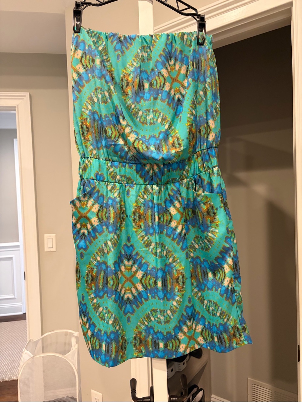 Collective Concepts Turquoise and Blue Strapless Patterned Dress